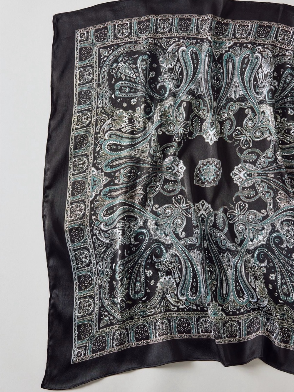Urban Outfitters Black Paisley Silk-Feel Scarf with Mint Accents